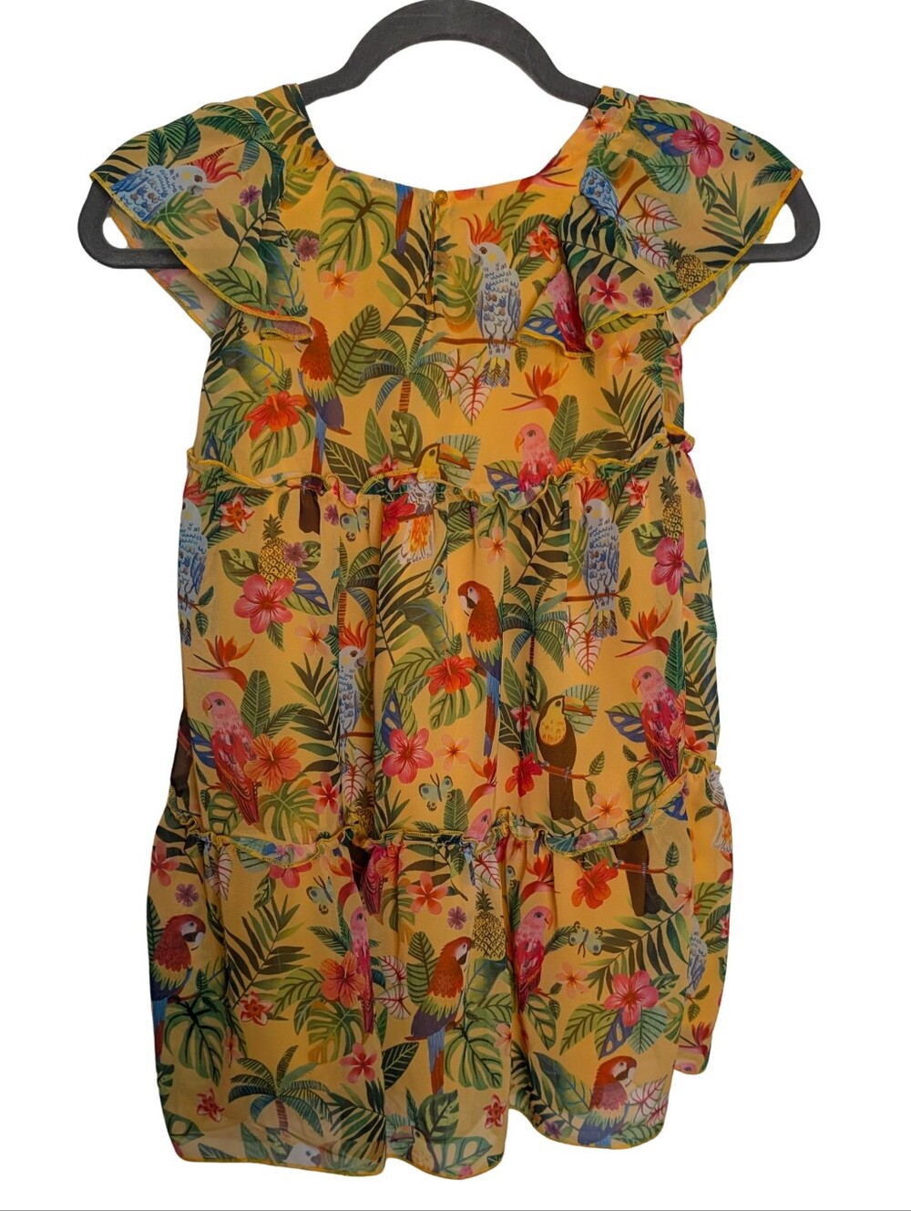 Tropical Parrot Themed Ruffle Tiered Dress. Girls 5/6 Yrs